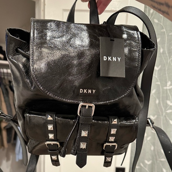 DKNY Shiny Black Leather Backpack with Silver Accents NWT